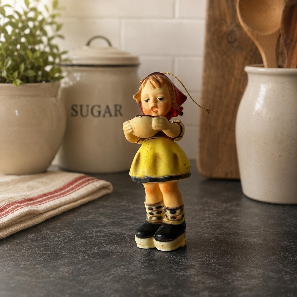 Vintage Plastic Girl Ornament Hummel Style Yellow Dress Cottagecore Decor